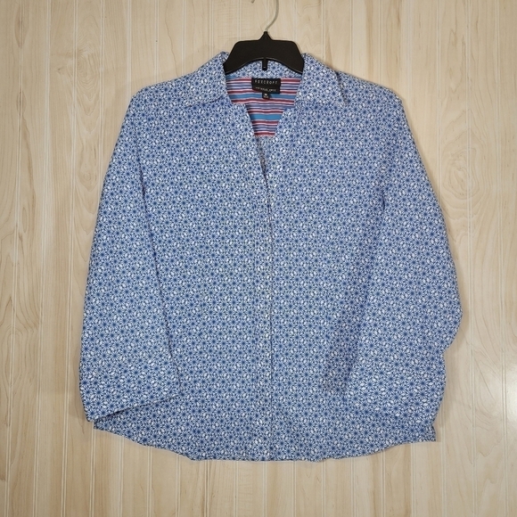 Foxcroft Blue Geometric Wrinkle Free Button Down Top Sz 14 - Picture 2 of 5